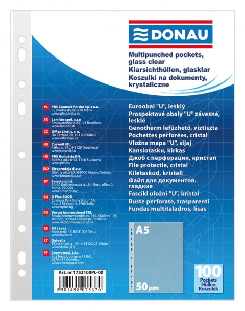 Koszulki na dokumenty DONAU, PP, A5, krystal, 50mikr., 100szt. Koszulki na dokumenty DONAU, PP, A5, krystal, 50mikr., 100szt.