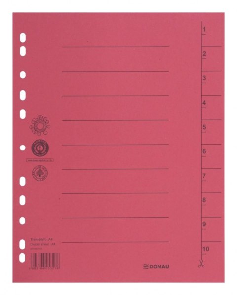 Przekładka DONAU, karton, A4, 235x300mm, 1-10, 1 karta, czerwona Przekładka DONAU, karton, A4, 235x300mm, 1-10, 1 karta, czerwona
