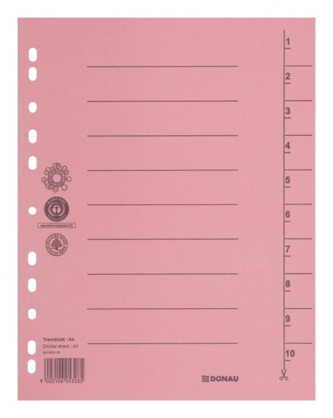 Przekładka DONAU, karton, A4, 235x300mm, 1-10, 1 karta, jasnoróżowa Przekładka DONAU, karton, A4, 235x300mm, 1-10, 1 karta, jasnoróżowa