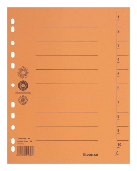Przekładka DONAU, karton, A4, 235x300mm, 1-10, 1 karta, pomarańczowa Przekładka DONAU, karton, A4, 235x300mm, 1-10, 1 karta, pomarańczowa