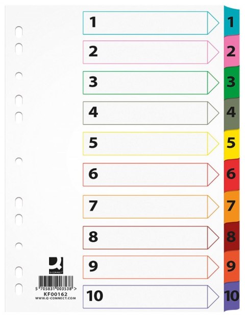 Przekładki Q-CONNECT Mylar, karton, A4, 225x297mm, 1-10, 10 kart, lam. indeks, mix kolorów Przekładki Q-CONNECT Mylar, karton, A4, 225x297mm, 1-10, 10 kart, lam. indeks, mix kolorów