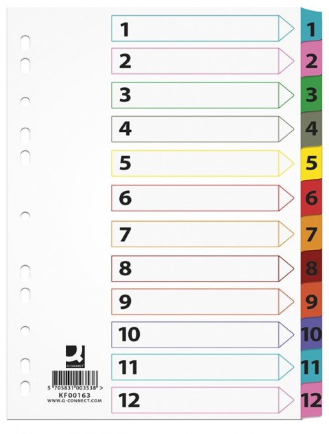 Przekładki Q-CONNECT Mylar, karton, A4, 225x297mm, 1-12, 12 kart, lam. indeks, mix kolorów Przekładki Q-CONNECT Mylar, karton, A4, 225x297mm, 1-12, 12 kart, lam. indeks, mix kolorów