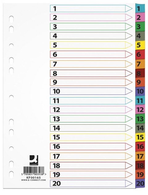 Przekładki Q-CONNECT Mylar, karton, A4, 225x297mm, 1-20, 20 kart, lam. indeks, mix kolorów Przekładki Q-CONNECT Mylar, karton, A4, 225x297mm, 1-20, 20 kart, lam. indeks, mix kolorów