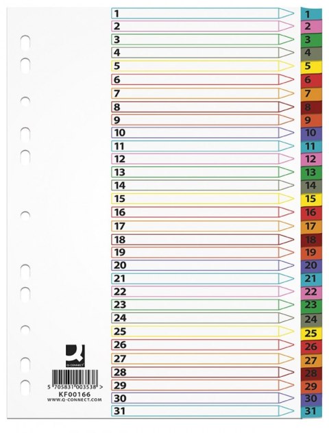 Przekładki Q-CONNECT Mylar, karton, A4, 225x297mm, 1-31, 31 kart, lam. indeks, mix kolorów Przekładki Q-CONNECT Mylar, karton, A4, 225x297mm, 1-31, 31 kart, lam. indeks, mix kolorów