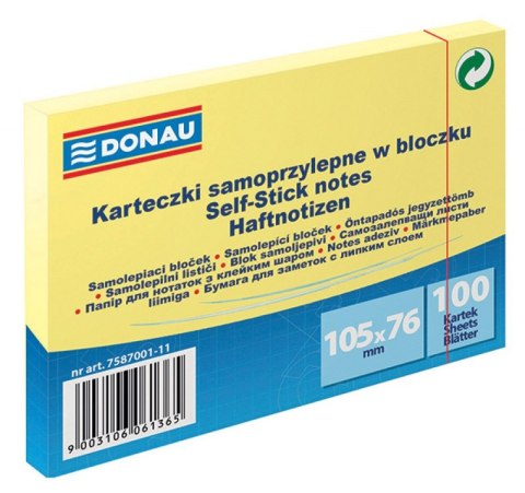 Bloczek samoprzylepny DONAU, 105x76mm, 1x100 kart., jasnożółty Bloczek samoprzylepny DONAU, 105x76mm, 1x100 kart., jasnożółty