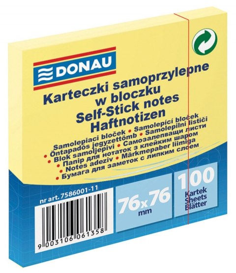 Bloczek samoprzylepny DONAU, 76x76mm, 1x100 kart., jasnożółty Bloczek samoprzylepny DONAU, 76x76mm, 1x100 kart., jasnożółty