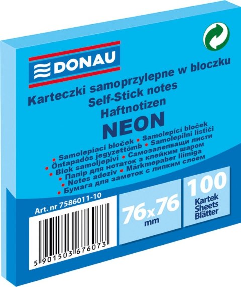 Bloczek samoprzylepny DONAU, 76x76mm, 1x100 kart., neon, niebieski Bloczek samoprzylepny DONAU, 76x76mm, 1x100 kart., neon, niebieski
