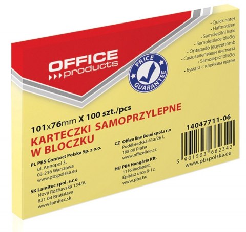 Bloczek samoprzylepny OFFICE PRODUCTS, 101x76mm, 1x100 kart., pastel, jasnożółty Bloczek samoprzylepny OFFICE PRODUCTS, 101x76mm, 1x100 kart., pastel, jasnożółty