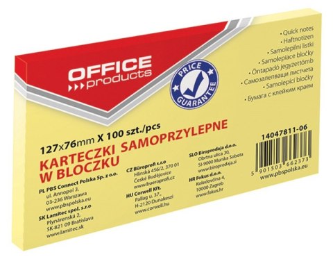 Bloczek samoprzylepny OFFICE PRODUCTS, 127x76mm, 1x100 kart., pastel, jaznożółty Bloczek samoprzylepny OFFICE PRODUCTS, 127x76mm, 1x100 kart., pastel, jaznożółty