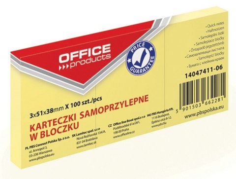Bloczek samoprzylepny OFFICE PRODUCTS, 38x51mm, 1x100 kart., pastel, jasnożółty Bloczek samoprzylepny OFFICE PRODUCTS, 38x51mm, 1x100 kart., pastel, jasnożółty