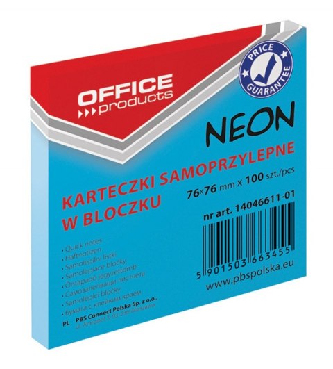 Bloczek samoprzylepny OFFICE PRODUCTS, 76x76mm, 1x100 kart., neon, niebieski Bloczek samoprzylepny OFFICE PRODUCTS, 76x76mm, 1x100 kart., neon, niebieski