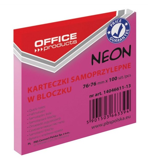 Bloczek samoprzylepny OFFICE PRODUCTS, 76x76mm, 1x100 kart., neon, różowy Bloczek samoprzylepny OFFICE PRODUCTS, 76x76mm, 1x100 kart., neon, różowy