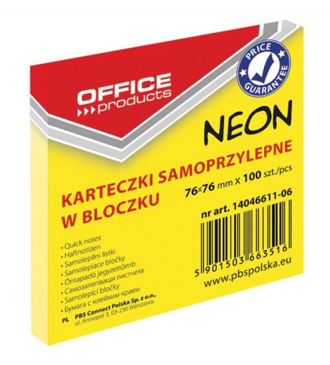 Bloczek samoprzylepny OFFICE PRODUCTS, 76x76mm, 1x100 kart., neon, żółty Bloczek samoprzylepny OFFICE PRODUCTS, 76x76mm, 1x100 kart., neon, żółty