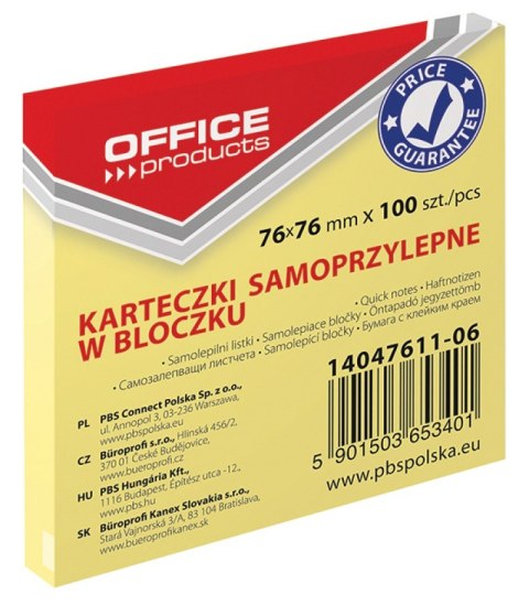 Bloczek samoprzylepny OFFICE PRODUCTS, 76x76mm, 1x100 kart., pastel, jasnożółte Bloczek samoprzylepny OFFICE PRODUCTS, 76x76mm, 1x100 kart., pastel, jasnożółte