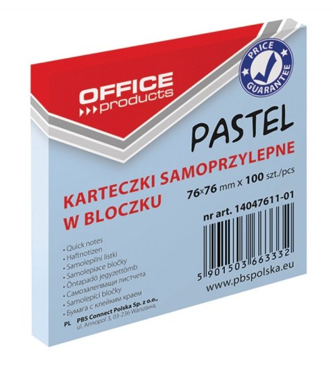Bloczek samoprzylepny OFFICE PRODUCTS, 76x76mm, 1x100 kart., pastel, niebieski Bloczek samoprzylepny OFFICE PRODUCTS, 76x76mm, 1x100 kart., pastel, niebieski