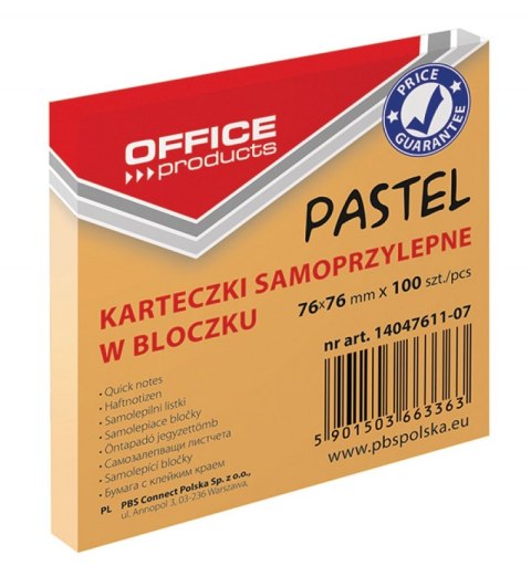 Bloczek samoprzylepny OFFICE PRODUCTS, 76x76mm, 1x100 kart., pastel, pomarańczowy Bloczek samoprzylepny OFFICE PRODUCTS, 76x76mm, 1x100 kart., pastel, pomarańczowy