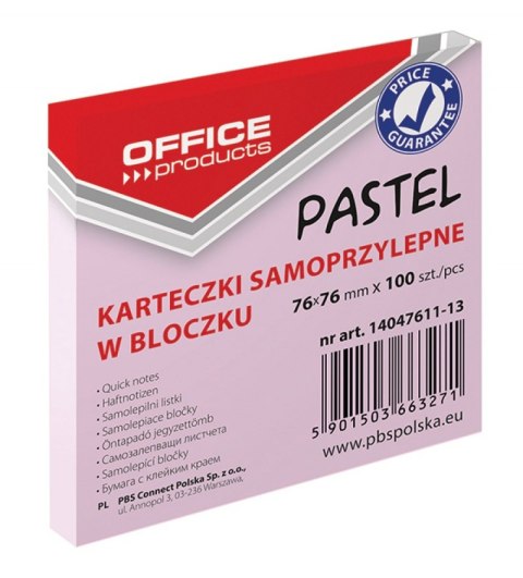 Bloczek samoprzylepny OFFICE PRODUCTS, 76x76mm, 1x100 kart., pastel, różowy Bloczek samoprzylepny OFFICE PRODUCTS, 76x76mm, 1x100 kart., pastel, różowy