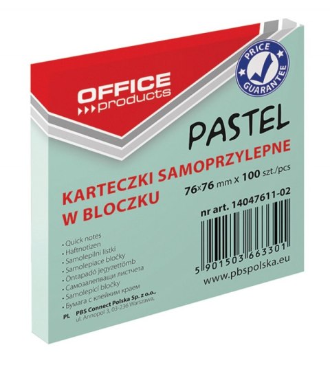 Bloczek samoprzylepny OFFICE PRODUCTS, 76x76mm, 1x100 kart., pastel, zielony Bloczek samoprzylepny OFFICE PRODUCTS, 76x76mm, 1x100 kart., pastel, zielony