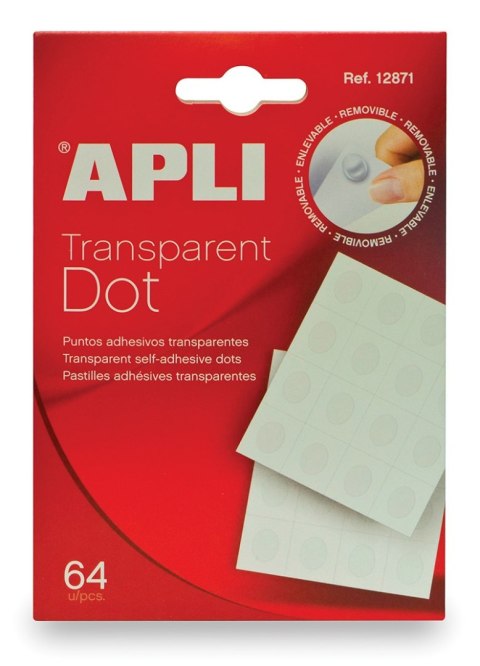 Kółka mocująca APLI typu „dot", usuwalne, 64szt., transparentne Kółka mocująca APLI typu „dot", usuwalne, 64szt., transparentne