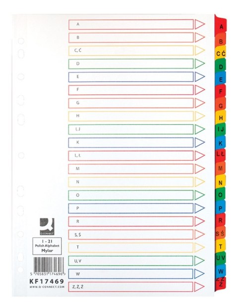 Przekładki Q-CONNECT Mylar, karton, A4, 225x297mm, A-Z, 21 kart, lam. indeks, mix kolorów Przekładki Q-CONNECT Mylar, karton, A4, 225x297mm, A-Z, 21 kart, lam. indeks, mix kolorów