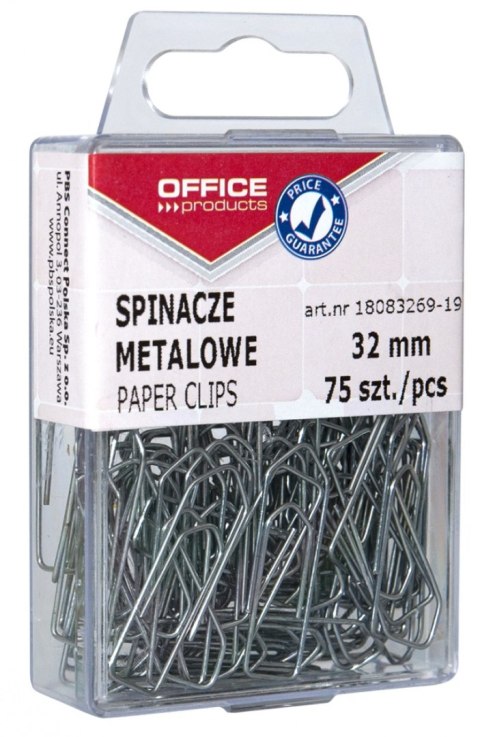 Spinacze metalowe OFFICE PRODUCTS, 32mm, w pudełku, 75szt., srebrne Spinacze metalowe OFFICE PRODUCTS, 32mm, w pudełku, 75szt., srebrne