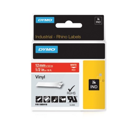 Taśma winylowa RHINO 12 mm biała na czerwonym 1805416 DYMO SALE Taśma winylowa RHINO 12 mm biała na czerwonym 1805416 DYMO SALE