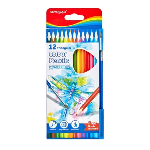 Kredki ołówkowe KEYROAD, trójkątne, akwarelowe, z pędzlem, 12szt., zawieszka, mix kolorów