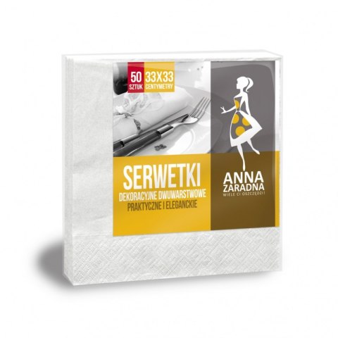 Serwetki ANNA ZARADNA, dwuwarstwowe, składane, 33x33cm, 50 szt., białe, biały Serwetki ANNA ZARADNA, dwuwarstwowe, składane, 33x33cm, 50 szt., białe, biały