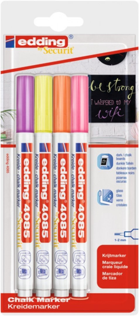 Marker kredowy e-4085 EDDING, 1-2 mm, blister, 4 szt., mix kolorów Marker kredowy e-4085 EDDING, 1-2 mm, blister, 4 szt., mix kolorów
