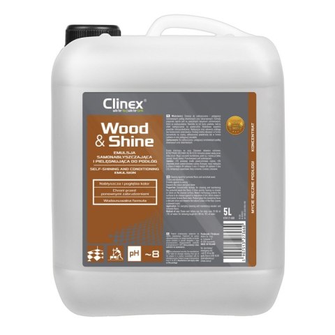 Emulsja CLINEX Wood&Shine, samonabłyszczająca i pielęgnująca podłogi, 5l Emulsja CLINEX Wood&Shine, samonabłyszczająca i pielęgnująca podłogi, 5l