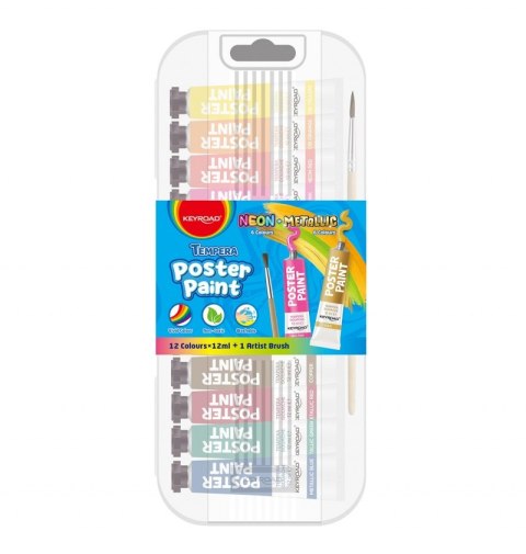 Farby plakatowe KEYROAD, 12x12ml, pędzelek gratis, mix kolorów metalicznych i neonowych Farby plakatowe KEYROAD, 12x12ml, pędzelek gratis, mix kolorów metalicznych i neonowych