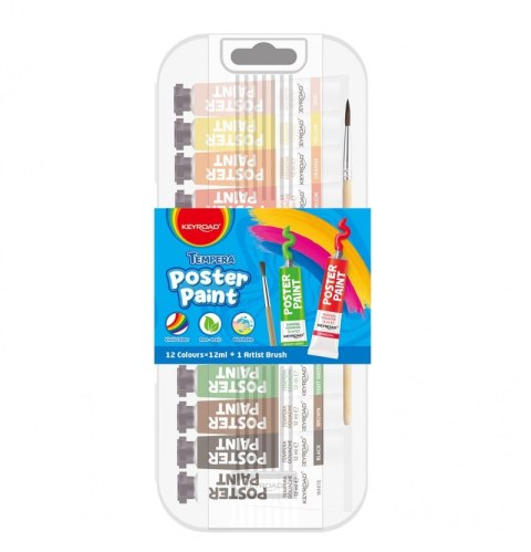 Farby plakatowe KEYROAD, 12x12ml, pędzelek gratis, w pudełku, mix kolorów Farby plakatowe KEYROAD, 12x12ml, pędzelek gratis, w pudełku, mix kolorów