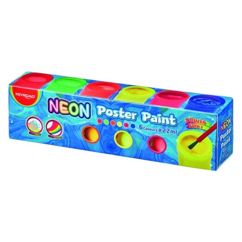 Farby plakatowe KEYROAD, 6x22ml, pędzelek gratis, neonowe , w pudełku, mix kolorów Farby plakatowe KEYROAD, 6x22ml, pędzelek gratis, neonowe , w pudełku, mix kolorów