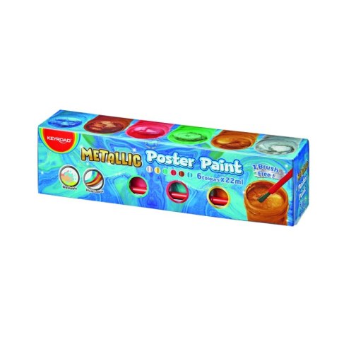 Farby plakatowe KEYROAD Metallic, 6x22ml, pędzelek gratis, w pudełku, mix kolorów Farby plakatowe KEYROAD Metallic, 6x22ml, pędzelek gratis, w pudełku, mix kolorów