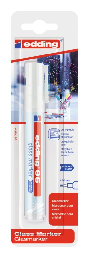 Marker do powierzchni szklanych E-95 EDDING, 1,5-3mm, blister, biały Marker do powierzchni szklanych E-95 EDDING, 1,5-3mm, blister, biały