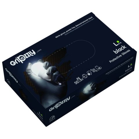 RĘKAWICE OCHRONNE, NITRYLOWE BEZPUDROWE CZARNE 50 SZT. - GRIPZZLY ROZM. L