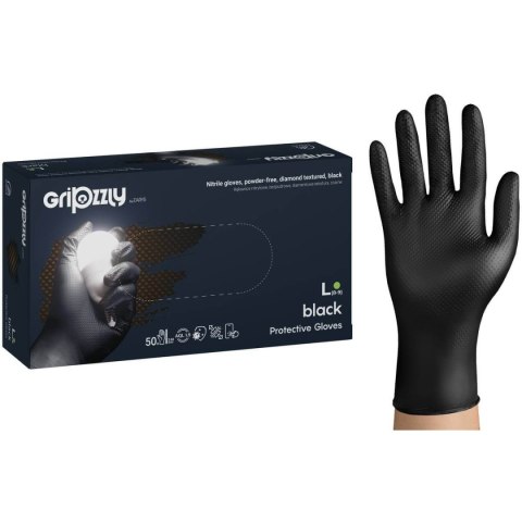 RĘKAWICE OCHRONNE, NITRYLOWE BEZPUDROWE CZARNE 50 SZT. - GRIPZZLY ROZM. L