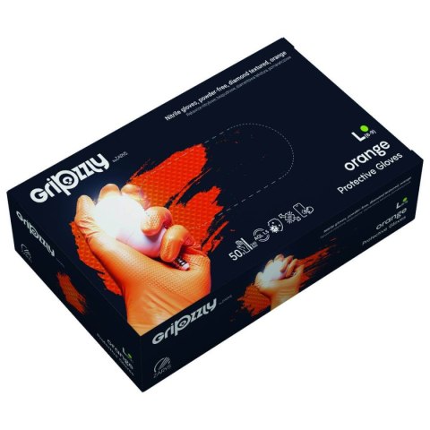 RĘKAWICE OCHRONNE, NITRYLOWE BEZPUDROWE POMARAŃCZOWE 50 SZT. - GRIPZZLY ROZM. L