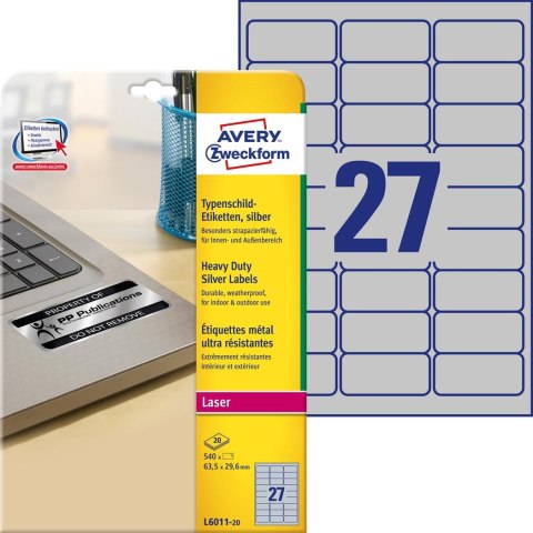 Etykiety znamionowe L6011-20 63,5 x 29,6 20 ark. poliestrowe, srebrne, Avery Zweckform Etykiety znamionowe L6011-20 63,5 x 29,6 20 ark. poliestrowe, srebrne, Avery Zweckform
