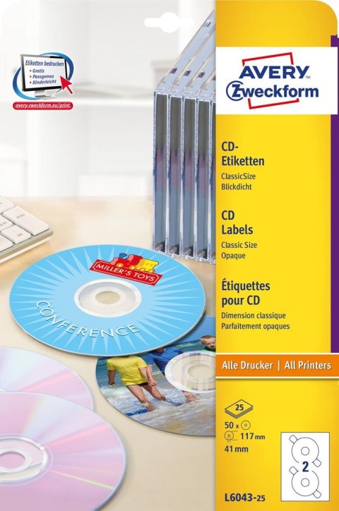 Etykiety na płyty CD L6043-25 Q117 25 ark. Avery Zweckform Etykiety na płyty CD L6043-25 Q117 25 ark. Avery Zweckform