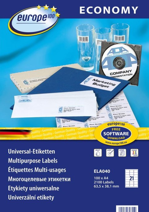 Etykiety uniwersalne Economy Europe100 by Avery Zweckform, A4, 100 ark./op., 63,5 x 38,1 mm, białe ELA040