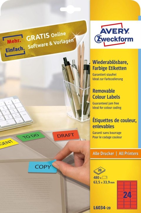 Etykiety czerwone L6034-20 63,5 x 33,9 20 ark. usuwalne Avery Zweckform Etykiety czerwone L6034-20 63,5 x 33,9 20 ark. usuwalne Avery Zweckform