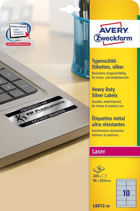 Etykiety znamionowe L6012-20 96 x 50,8 20 ark srebrne, poliestrowe, Avery Zweckform Etykiety znamionowe L6012-20 96 x 50,8 20 ark srebrne, poliestrowe, Avery Zweckform