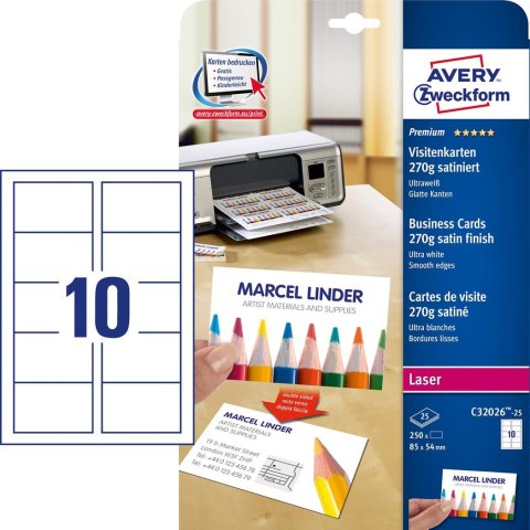Wizytówki Quick&Clean C32026-25 85x54 mm 25 ark. 250 szt., 270 g, satynowane, śnieżnobiałe, Avery Zweckform (X) Wizytówki Quick&Clean C32026-25 85x54 mm 25 ark. 250 szt., 270 g, satynowane, śnieżnobiałe, Avery Zweckform (X)