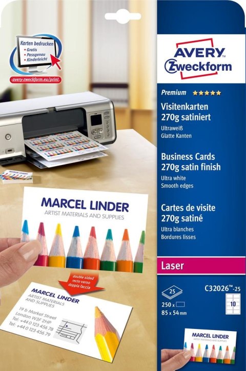 Wizytówki Quick&Clean C32026-25 85x54 mm 25 ark. 250 szt., 270 g, satynowane, śnieżnobiałe, Avery Zweckform (X) Wizytówki Quick&Clean C32026-25 85x54 mm 25 ark. 250 szt., 270 g, satynowane, śnieżnobiałe, Avery Zweckform (X)