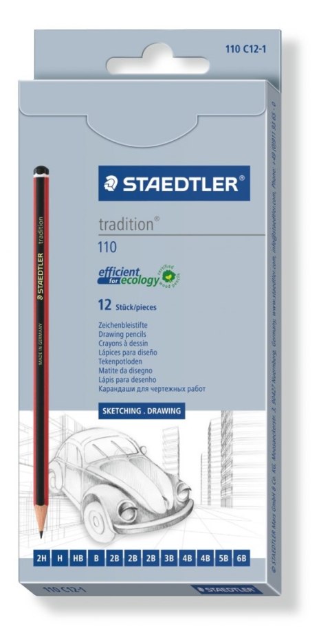 Ołówek tradition, sześciokątny, zestaw 12 szt. (6B, 5B, 4B, 3B, 2B, B, HB, H, 2H, w tym 3 x 2B, 2 x 4B), Staedtler S 110 C12-1