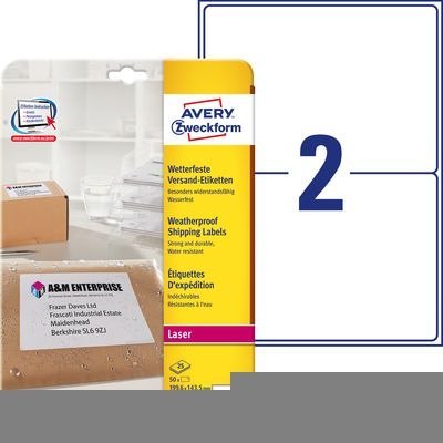 Etykiety wysyłkowe odporne na zmiany pogodowe, A4, 25 ark./op., 199,6 x 143,5 mm, białe, AVERY ZWECKFORM, L7996-25