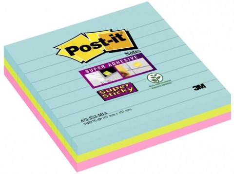 Bloczek samoprzylepny POST-IT_ Super Sticky w linie, (675-SS3-MIA), 101x101mm, 3x70 kart., paleta Miami Bloczek samoprzylepny POST-IT_ Super Sticky w linie, (675-SS3-MIA), 101x101mm, 3x70 kart., paleta Miami